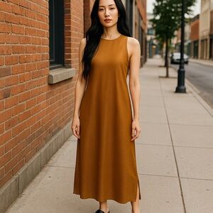 UNIQLO X MAME KUROGOUCHI Women's Sleeveless Maxi Dress in Warm Brown
